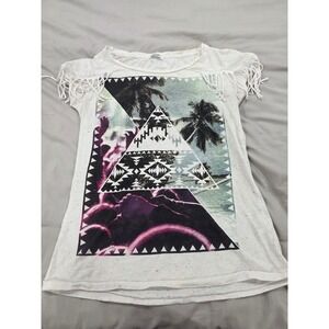 CALLIOPE Women Size S White Graphic Tee Fringed Sleeve Tropical Mountain Print